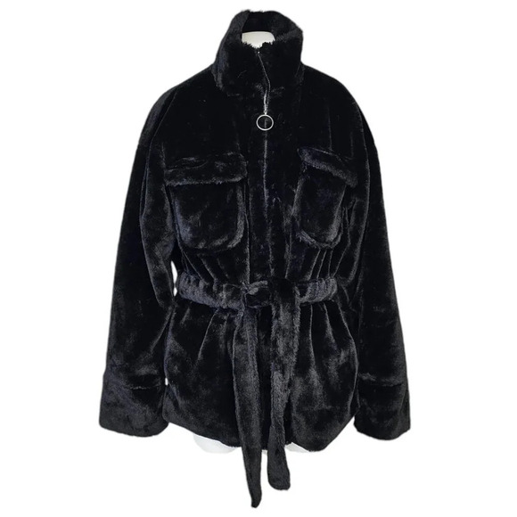 Forever 21 Jackets & Blazers - Forever 21 Fluffy Faux Fur Tie Waist Wide Sleeve Zip Up Jacket Black Size Small